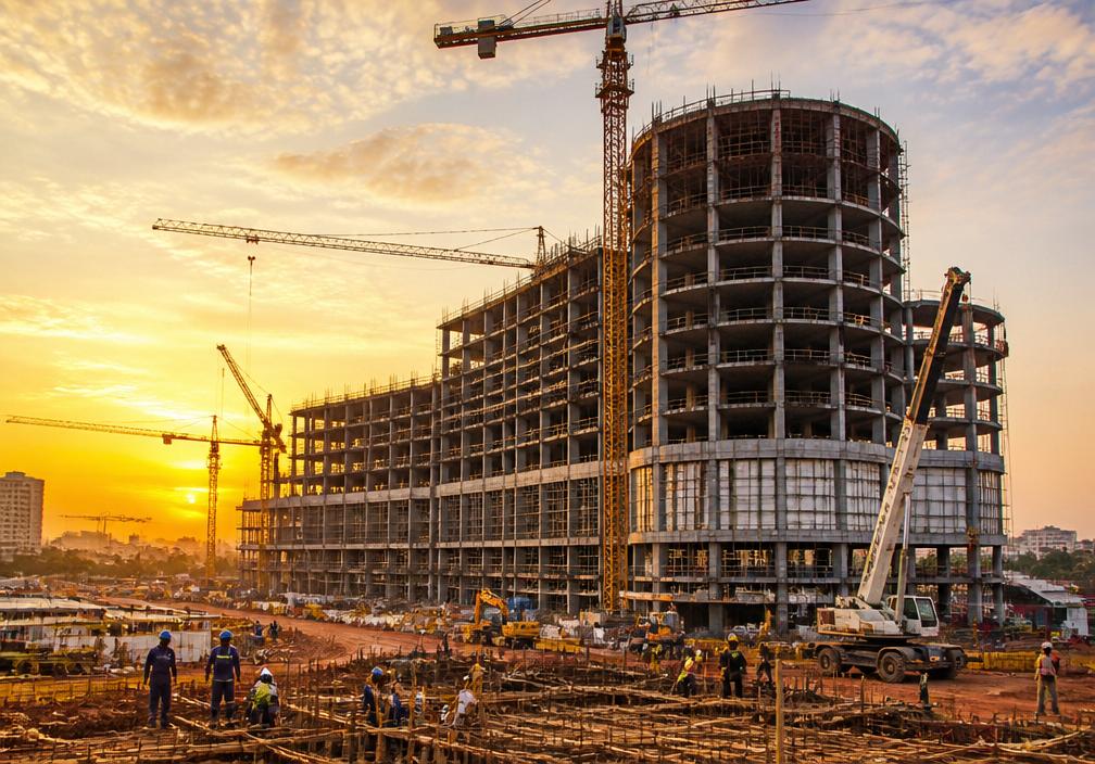 Obra de construção de grande escala com gruas ao pôr do sol