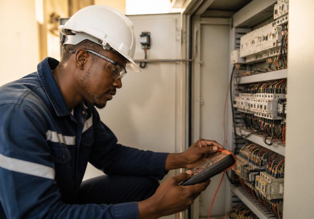 Engenheiro eléctrico a inspeccionar um quadro de distribuição com multímetro