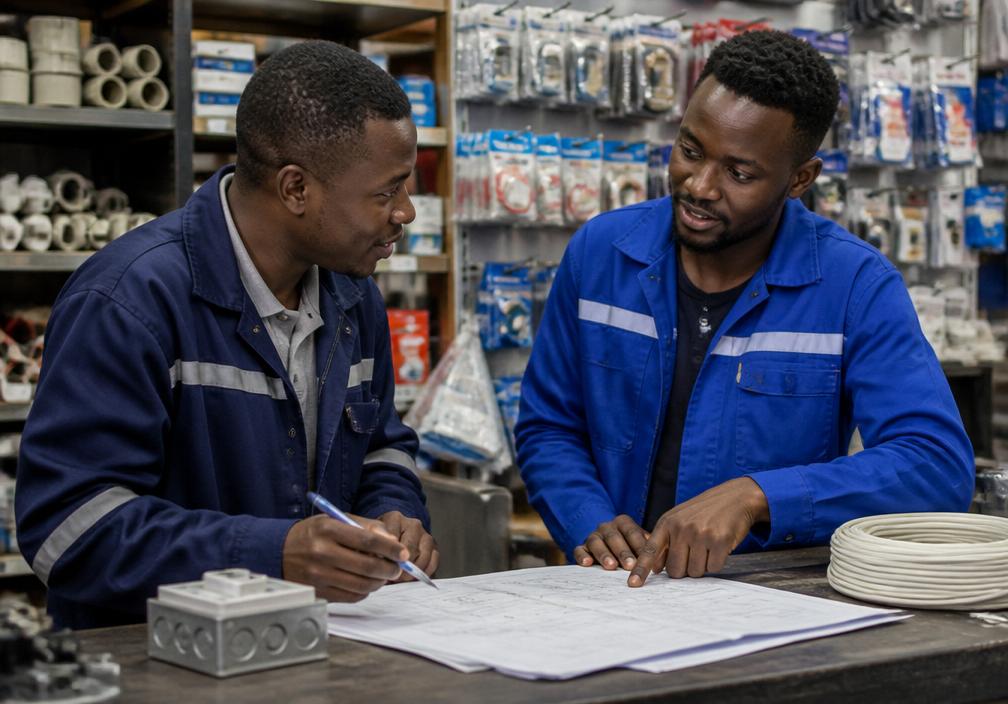 Dois electricistas a analisar um projecto no balcão da loja